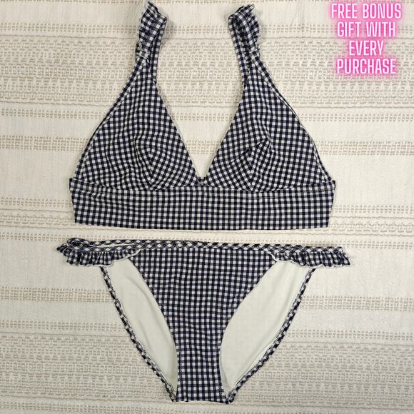 Aerie LIG Navy Checkered 2 Piece Swimsuit Size L Bikini Ruffle Trim New - Picture 1 of 5
